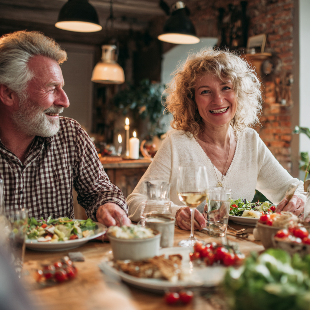 Middle-aged adults enjoying a balanced meal together at a wooden dining table